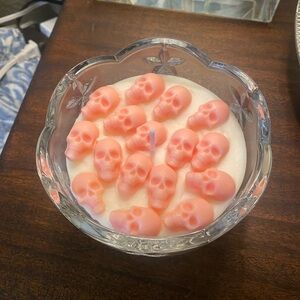 Adorable Pink & white Soy Skull Accent Candle in Mikasa Stardust Crystal Bowl